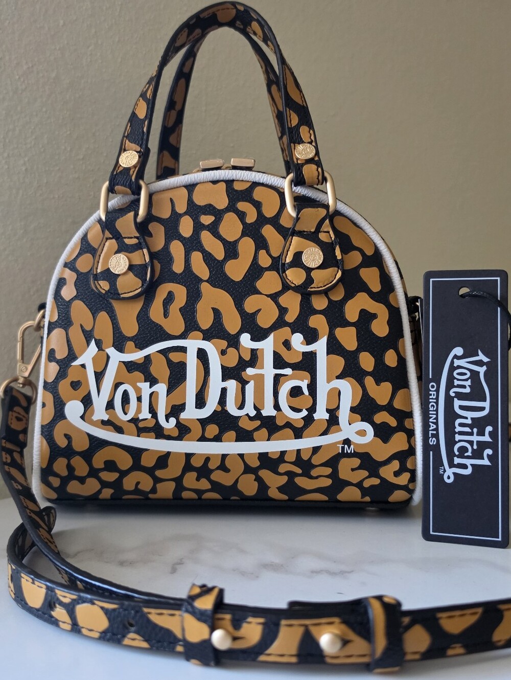 Von Dutch Cheetah Orange Tan Bowling Bag Crossbody Handbag Satchel NWT